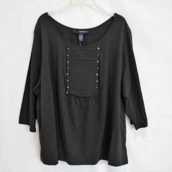 New Denim 24/7 Black Tunic Top Pleated Stud Front 3/4 Sleeves Cotton Blend - Picture 2 of 7